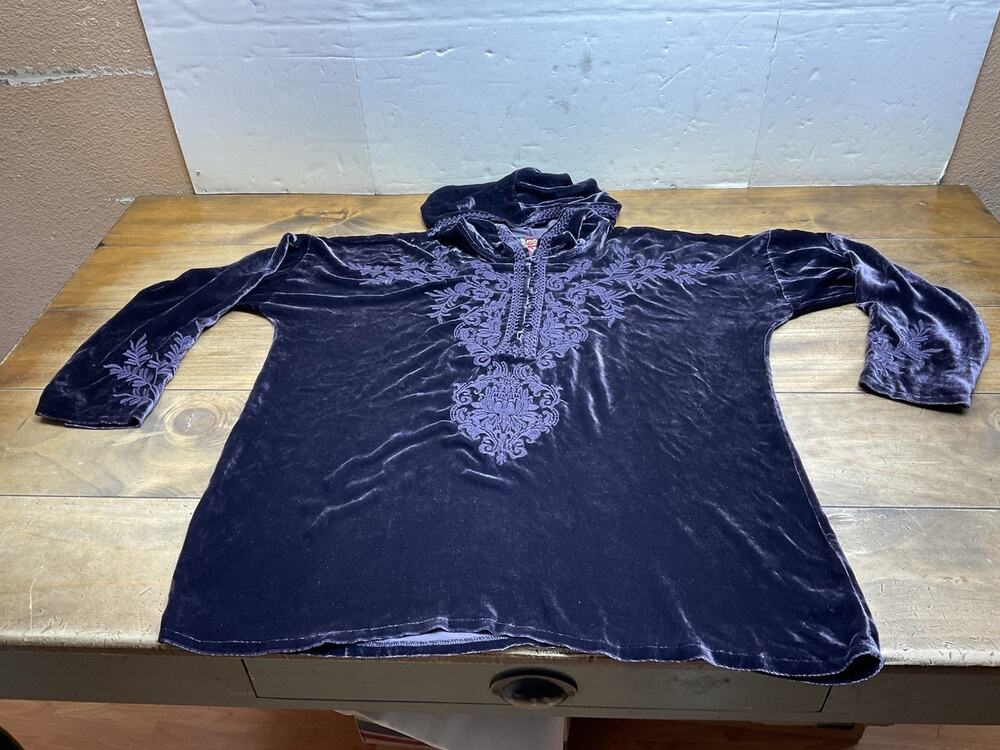 Johnny Was Velvet Pull On Hoodie Womens M Deep Purple Silk Embroidered Tunic